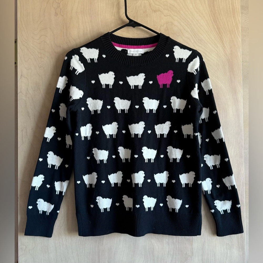 Charter Club Sheep Sweater Black Pink Crewneck Cotton Women’s Petite Small NWOT